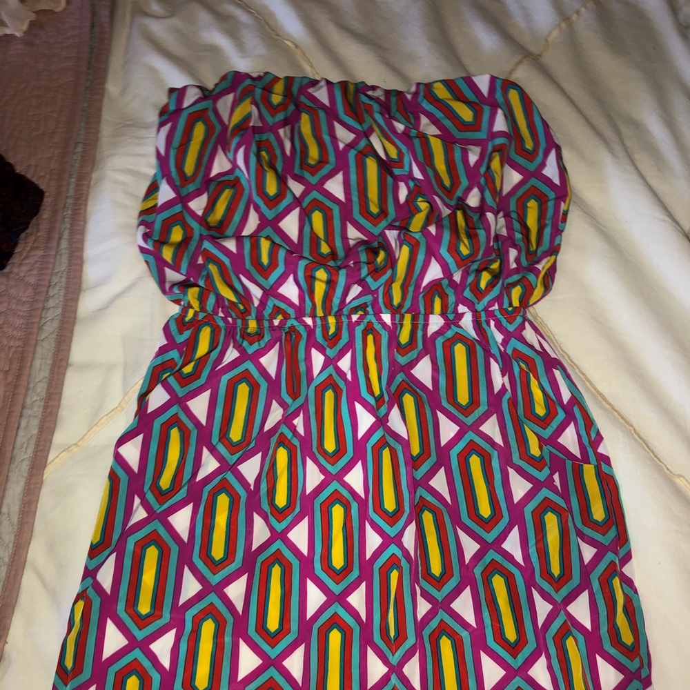 Pink and yellow strapless mini dress